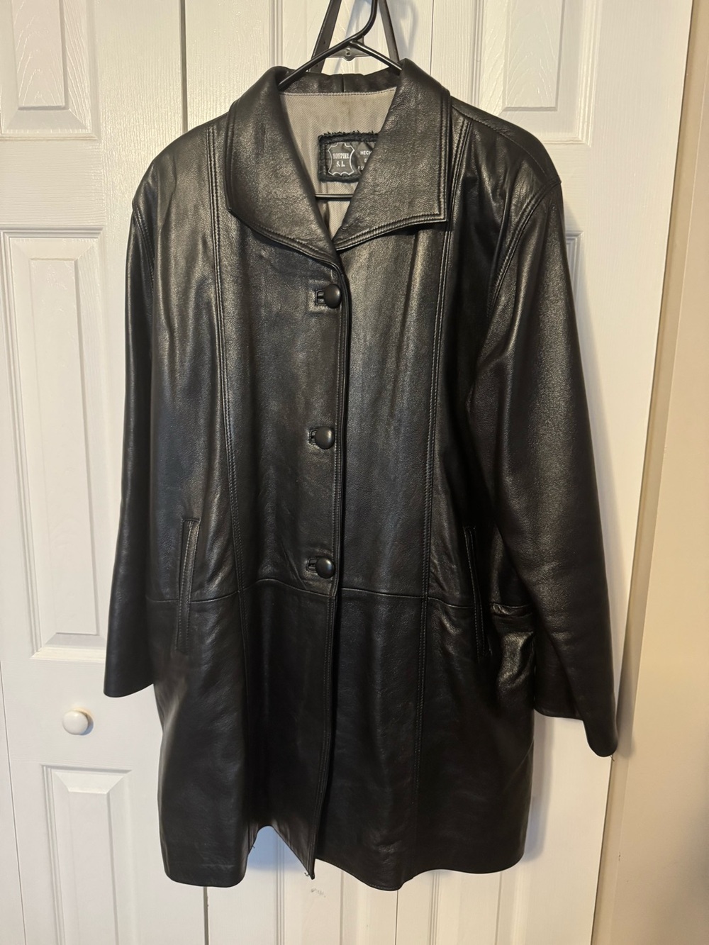 Women’s Black Leather Button-Front Coat